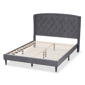 Baxton Studio Joanna Modern And Contemporay Grey Velvet Fabric Upholstered And Dark Brown Finished Wood Queen Size Platform Bed