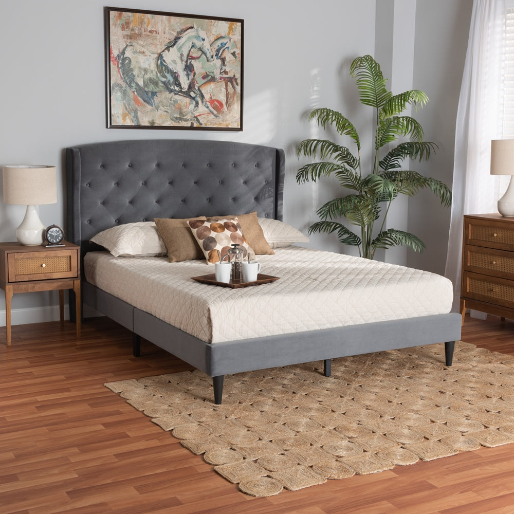 BAXTON STUDIO JOANNA MODERN AND CONTEMPORAY GREY VELVET FABRIC UPHOLSTERED AND DARK BROWN FINISHED WOOD KING SIZE PLATFORM BED