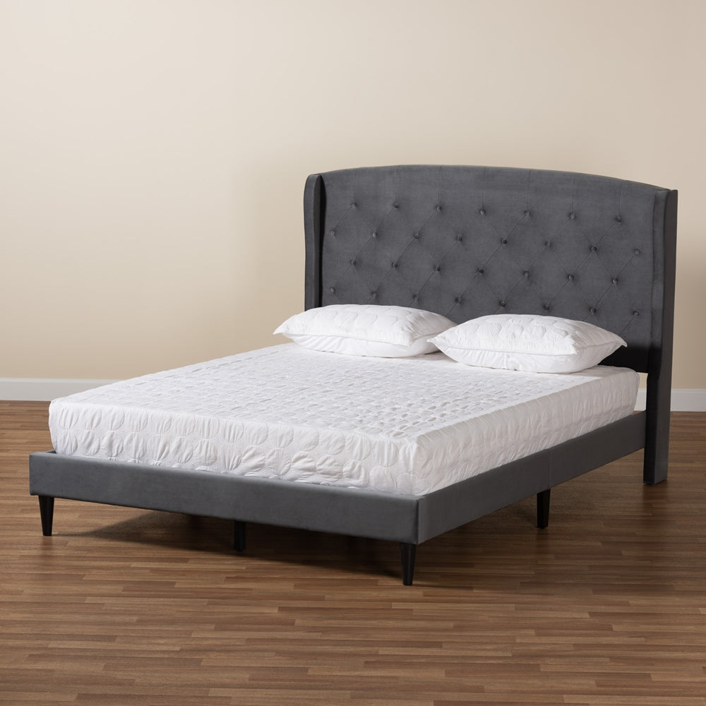 Baxton Studio Joanna Modern And Contemporay Grey Velvet Fabric Upholstered And Dark Brown Finished Wood King Size Platform Bed