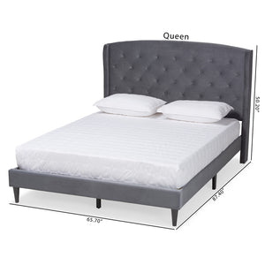 Baxton Studio Joanna Modern And Contemporay Grey Velvet Fabric Upholstered And Dark Brown Finished Wood Queen Size Platform Bed