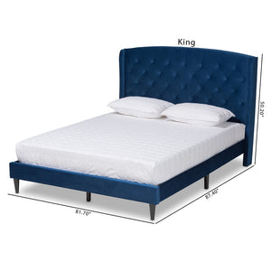 Baxton Studio Joanna Modern And Contemporay Navy Blue Velvet Fabric Upholstered And Dark Brown Finished Wood King Size Platform Bed