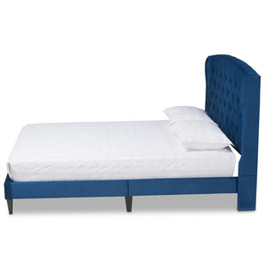 Baxton Studio Joanna Modern And Contemporay Navy Blue Velvet Fabric Upholstered And Dark Brown Finished Wood Queen Size Platform Bed