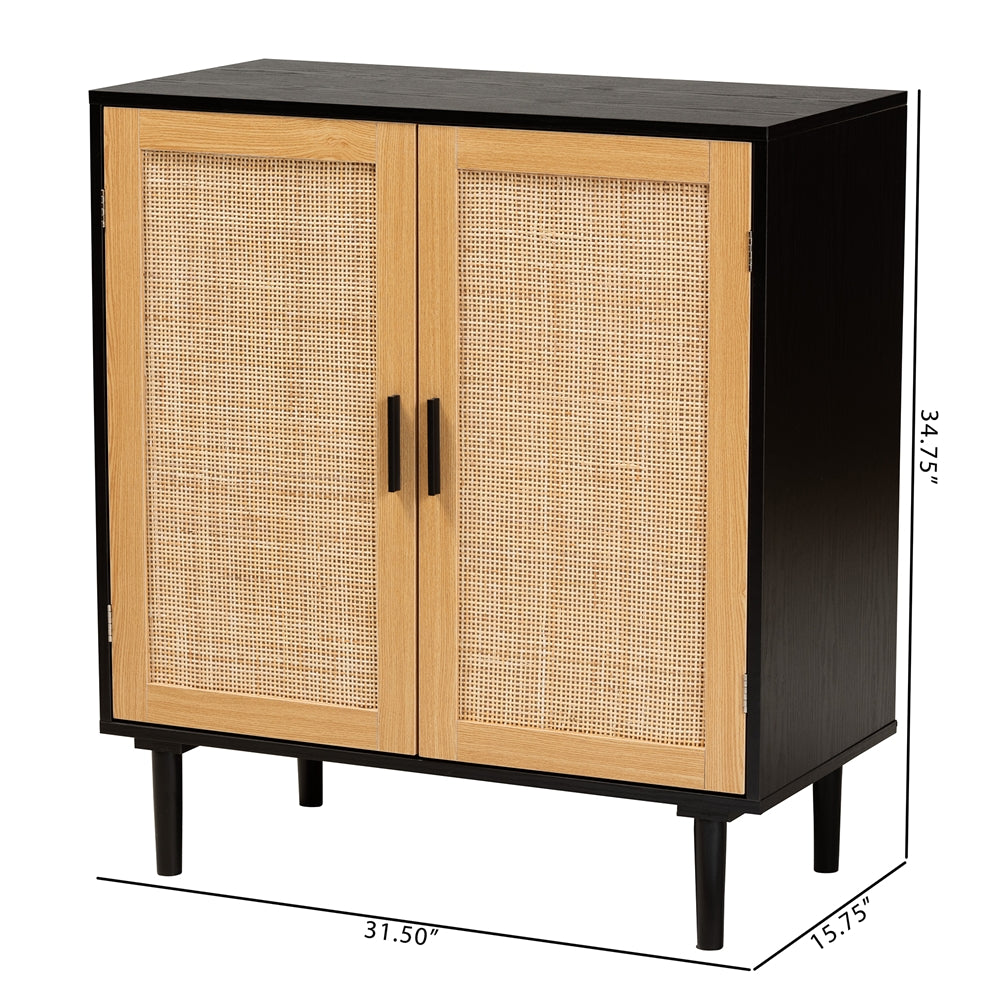 Baxton Studio Maureen Mid-Century Modern Espresso Brown Wood And Rattan 2-Door Storage Cabinet