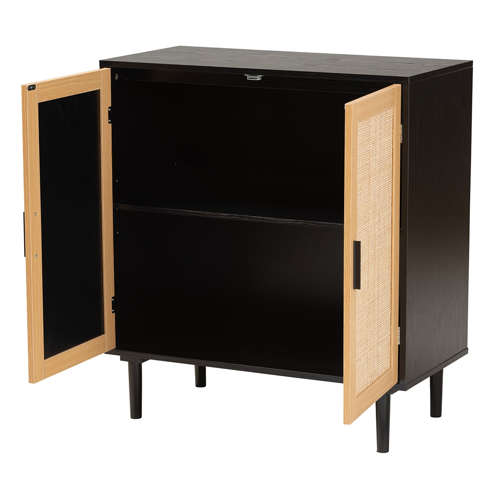 Baxton Studio Maureen Mid-Century Modern Espresso Brown Wood And Rattan 2-Door Storage Cabinet