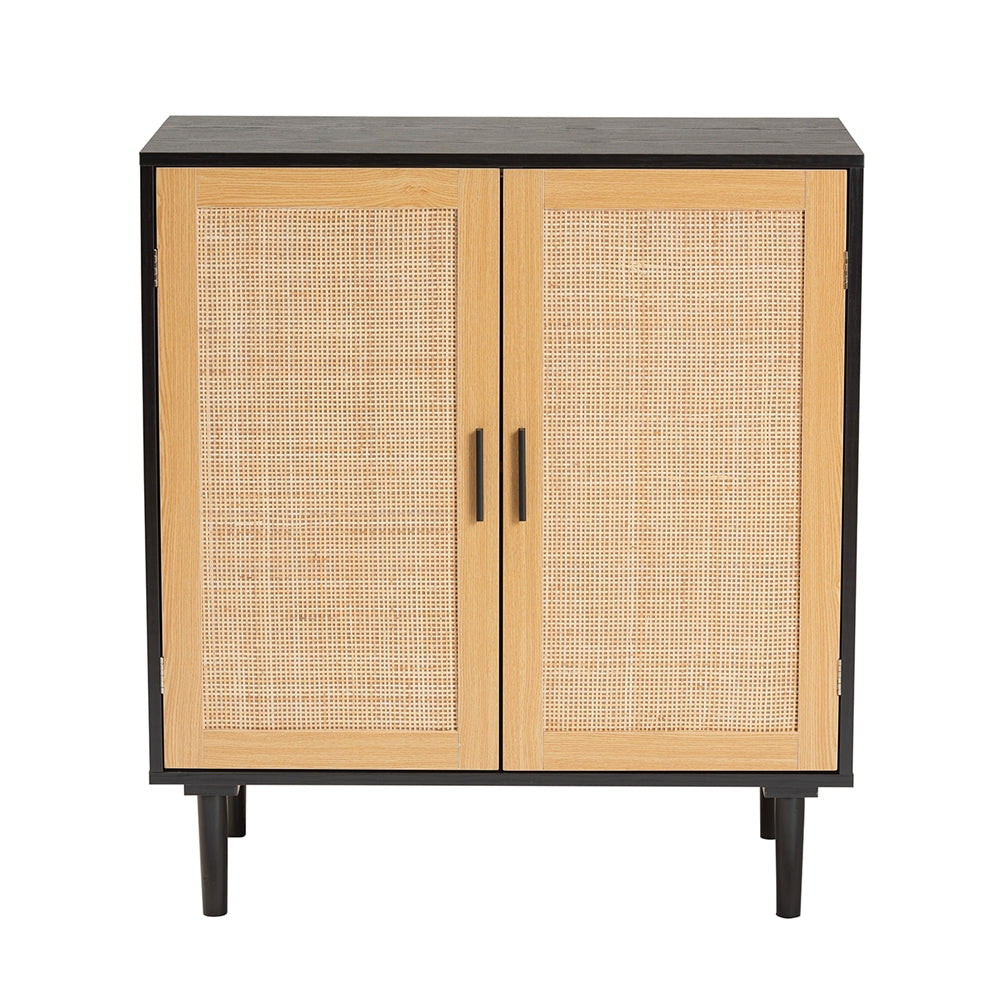 Baxton Studio Maureen Mid-Century Modern Espresso Brown Wood And Rattan 2-Door Storage Cabinet