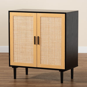 Baxton Studio Maureen Mid-Century Modern Espresso Brown Wood And Rattan 2-Door Storage Cabinet