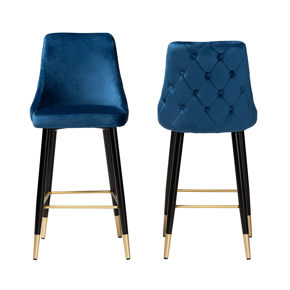 Baxton Studio Giada Contemporary Glam And Luxe Navy Blue Velvet Fabric And Dark Brown Finished Wood 2-Piece Bar Stool Set