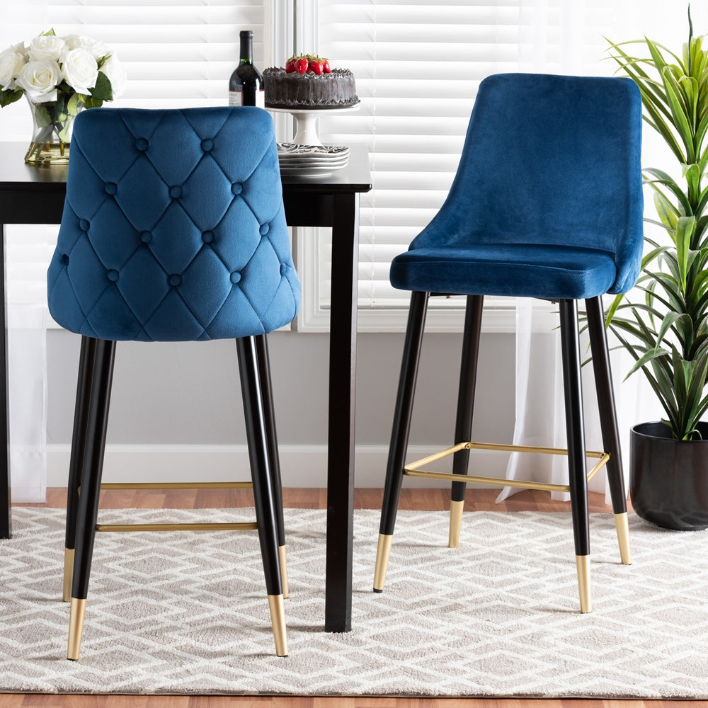 Baxton Studio Giada Contemporary Glam And Luxe Navy Blue Velvet Fabric And Dark Brown Finished Wood 2-Piece Bar Stool Set