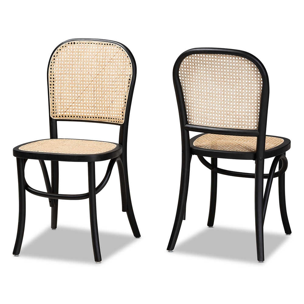 Baxton Studio Cambree Mid-Century Modern Brown Woven Rattan And Black Wood 2-Piece Cane Dining Chair Set