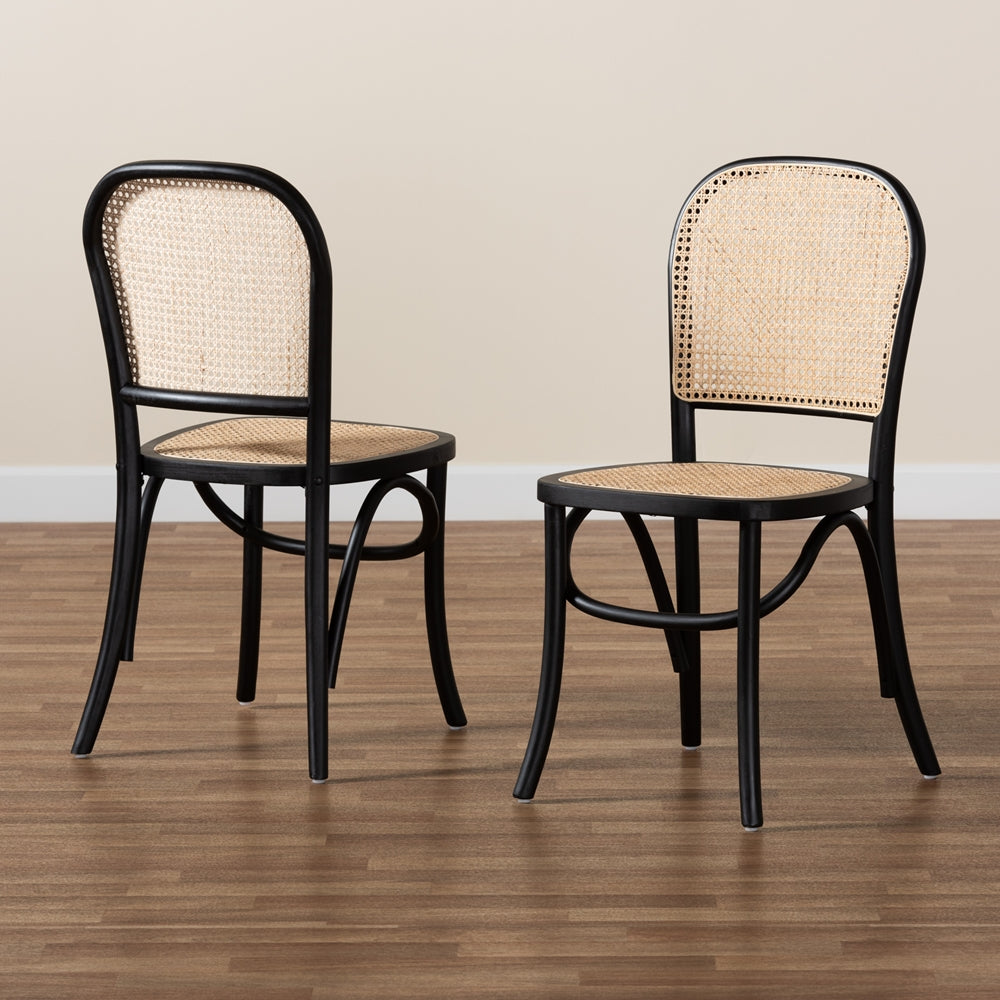 Baxton Studio Cambree Mid-Century Modern Brown Woven Rattan And Black Wood 2-Piece Cane Dining Chair Set