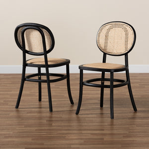 Baxton Studio Garold Mid-Century Modern Brown Woven Rattan And Black Wood 2-Piece Cane Dining Chair Set