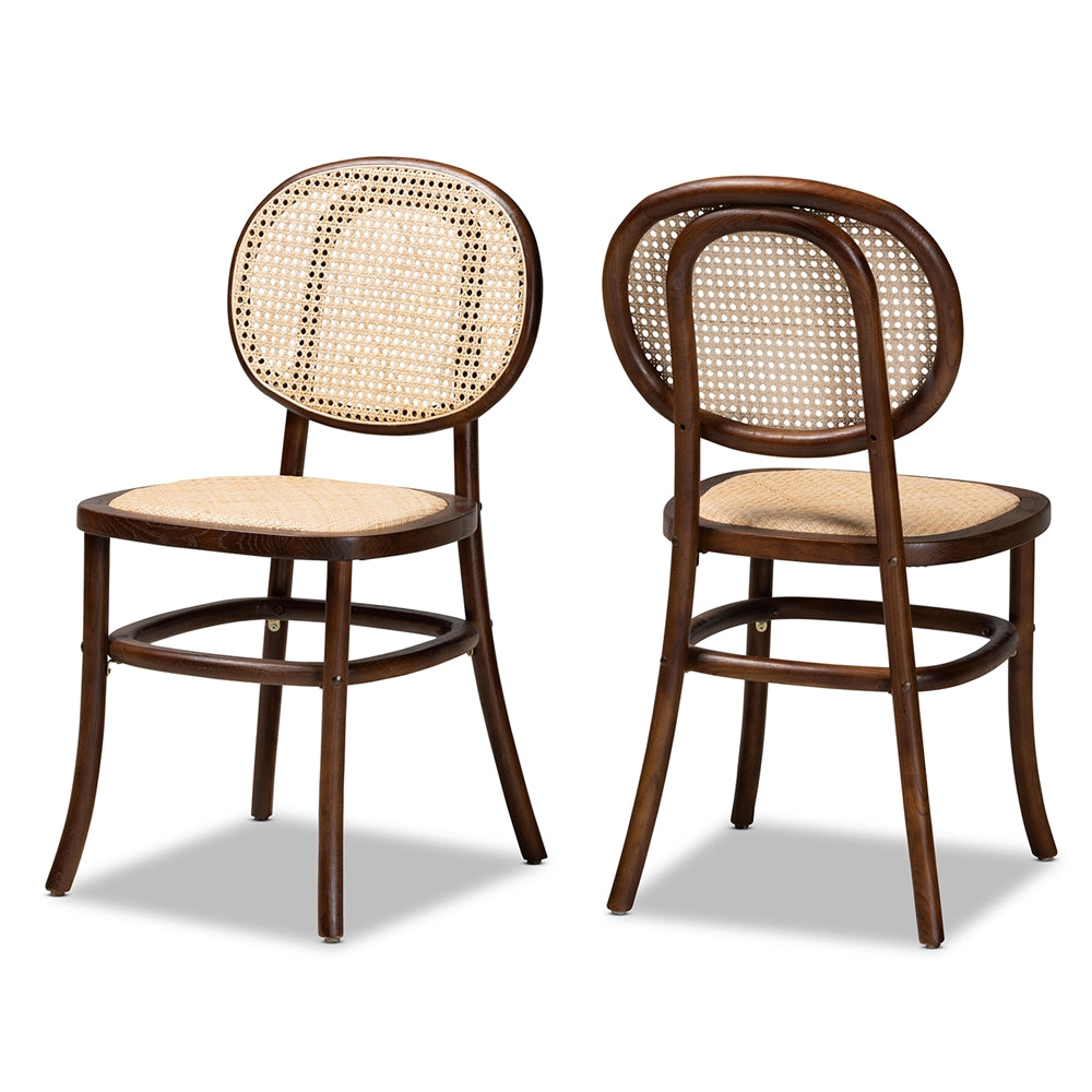 Baxton Studio Garold Mid-Century Modern Brown Woven Rattan And Walnut Brown Wood 2-Piece Cane Dining Chair Set