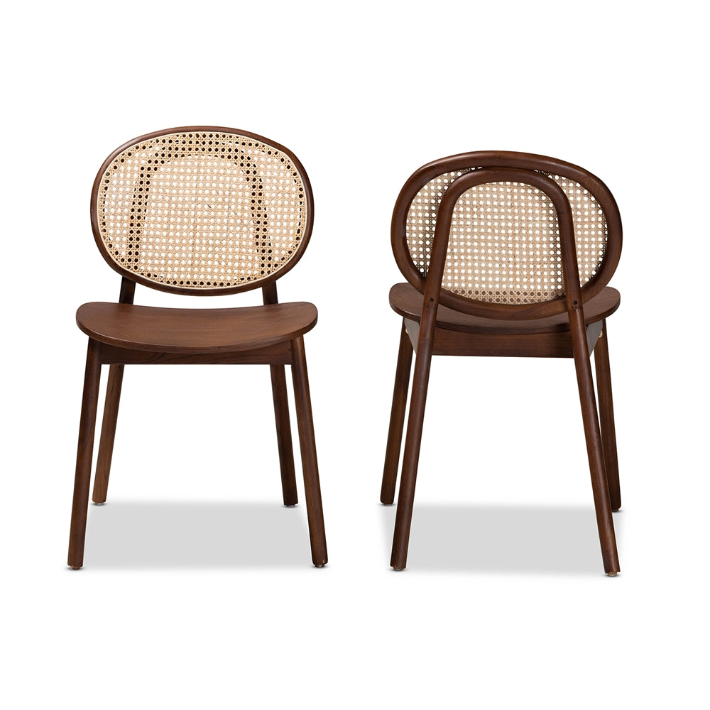 Baxton Studio Halen Mid-Century Modern Brown Woven Rattan And Walnut Brown Wood Finished 2-Piece Cane Dining Chair Set