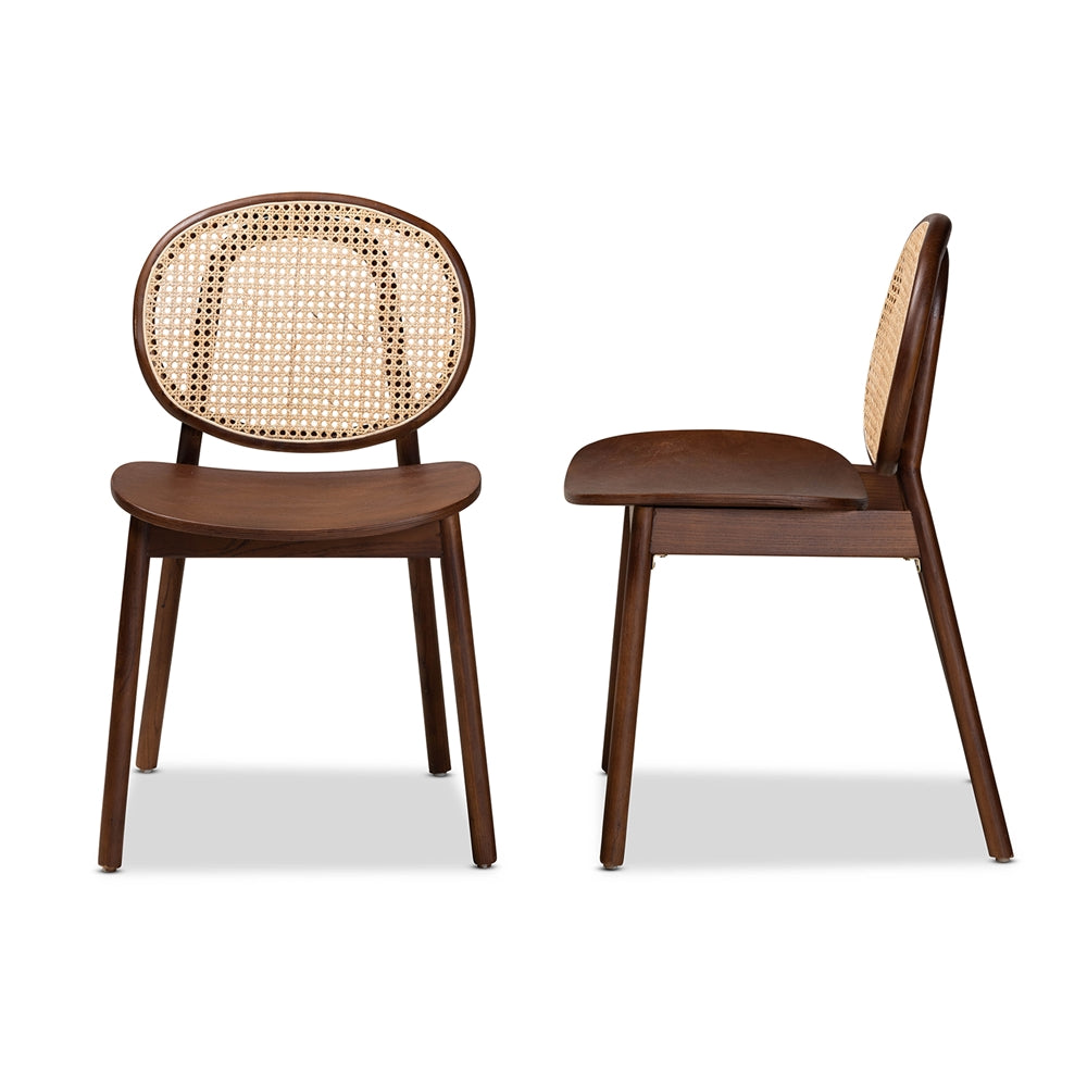 Baxton Studio Halen Mid-Century Modern Brown Woven Rattan And Walnut Brown Wood Finished 2-Piece Cane Dining Chair Set