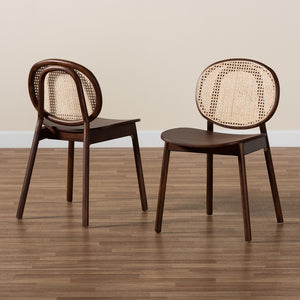 Baxton Studio Halen Mid-Century Modern Brown Woven Rattan And Walnut Brown Wood Finished 2-Piece Cane Dining Chair Set