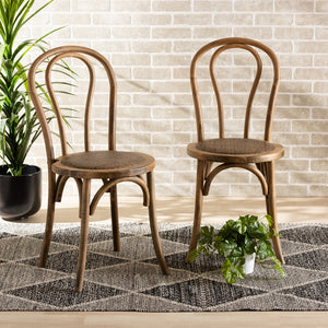 Baxton Studio Dacian Mid-Century Modern Brown Woven Rattan And Walnut Brown Wood 2-Piece Dining Chair Set