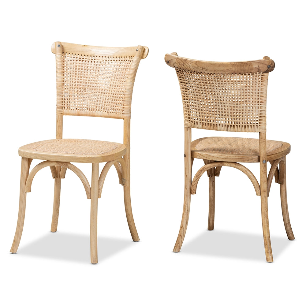 Baxton Studio Fields Mid-Century Modern Brown Woven Rattan And Wood 2-Piece Cane Dining Chair Set