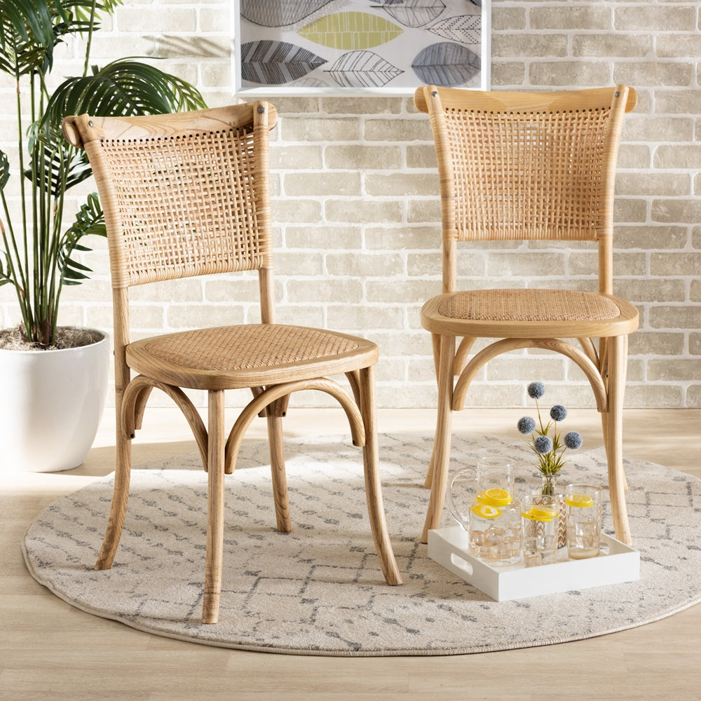 Baxton Studio Fields Mid-Century Modern Brown Woven Rattan And Wood 2-Piece Cane Dining Chair Set