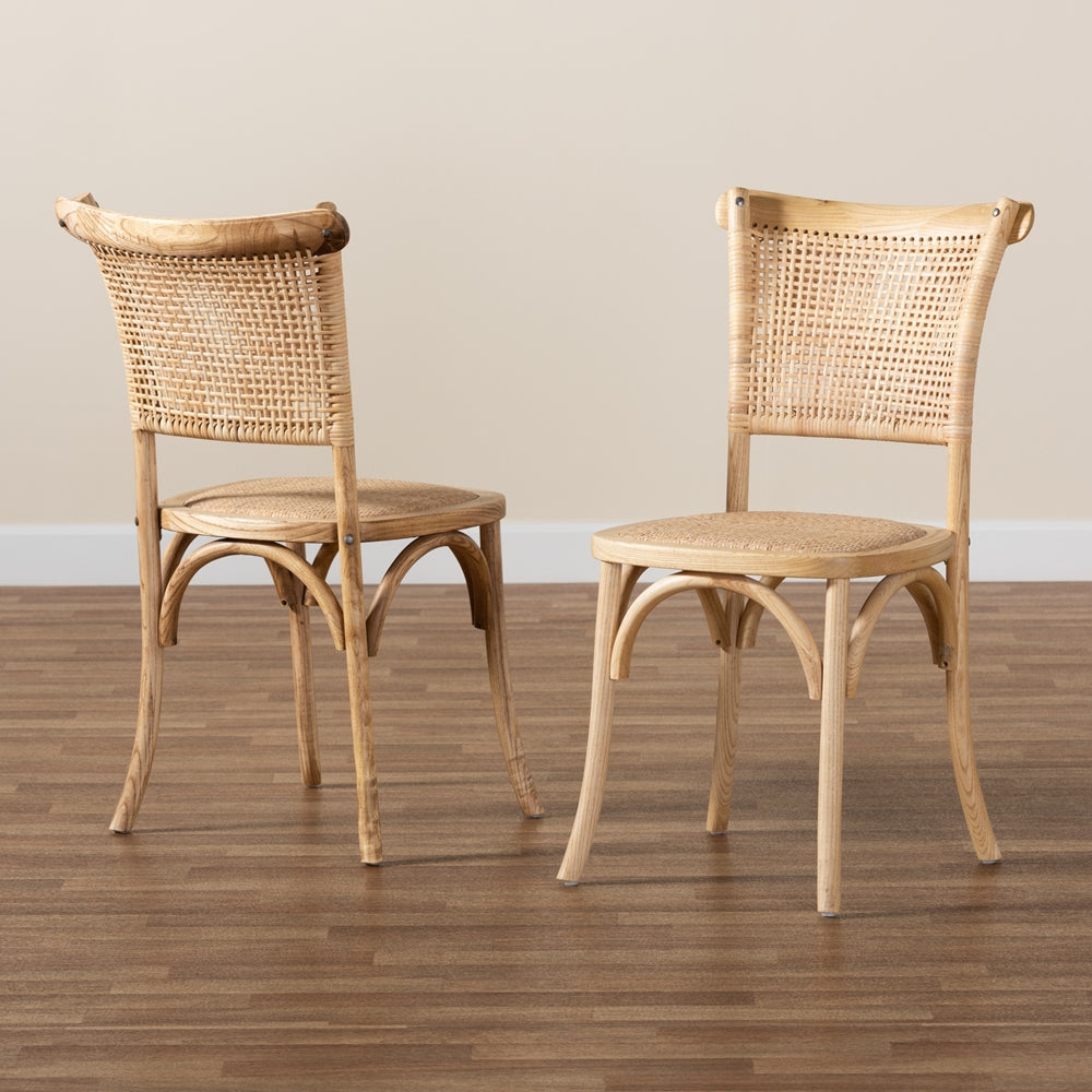 Baxton Studio Fields Mid-Century Modern Brown Woven Rattan And Wood 2-Piece Cane Dining Chair Set