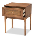 Load image into Gallery viewer, Baxton Studio Ramiel Mid-Century Modern Ash Walnut Finished Wood And Rattan 1-Drawer Nightstand
