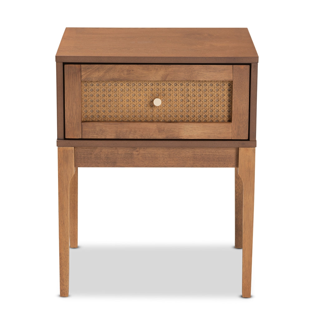 Baxton Studio Ramiel Mid-Century Modern Ash Walnut Finished Wood And Rattan 1-Drawer Nightstand