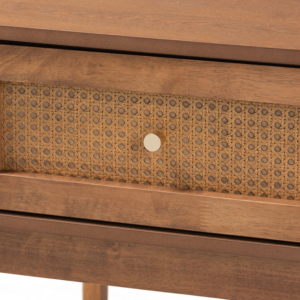 Baxton Studio Ramiel Mid-Century Modern Ash Walnut Finished Wood And Rattan 1-Drawer Nightstand