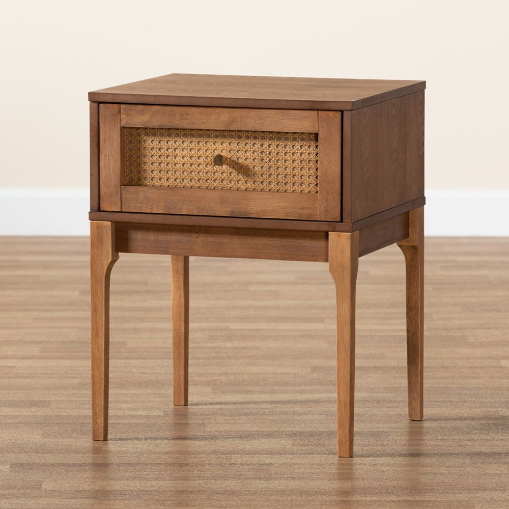 Baxton Studio Ramiel Mid-Century Modern Ash Walnut Finished Wood And Rattan 1-Drawer Nightstand