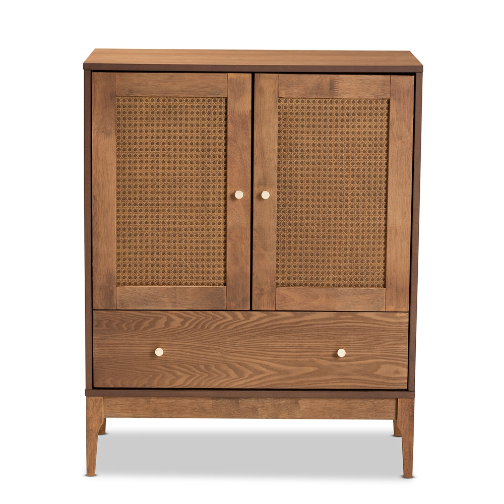 Baxton Studio Ramiel Mid-Century Modern Ash Walnut Finished Wood And Rattan 1-Drawer Sideboard