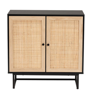 Baxton Studio Declan Mid-Century Modern Espresso Brown Finished Wood And Natural Rattan 2-Door Storage Cabinet