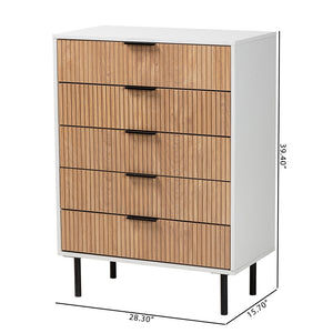 Baxton Studio Karima Mid-Century Modern Two-Tone White And Natural Brown Finished Wood And Black Metal 5-Drawer Storage Cabinet