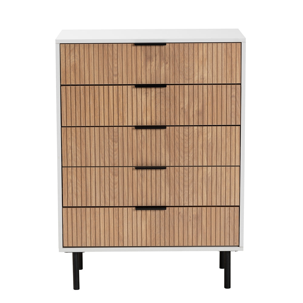 Baxton Studio Karima Mid-Century Modern Two-Tone White And Natural Brown Finished Wood And Black Metal 5-Drawer Storage Cabinet