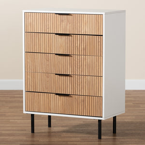 Baxton Studio Karima Mid-Century Modern Two-Tone White And Natural Brown Finished Wood And Black Metal 5-Drawer Storage Cabinet