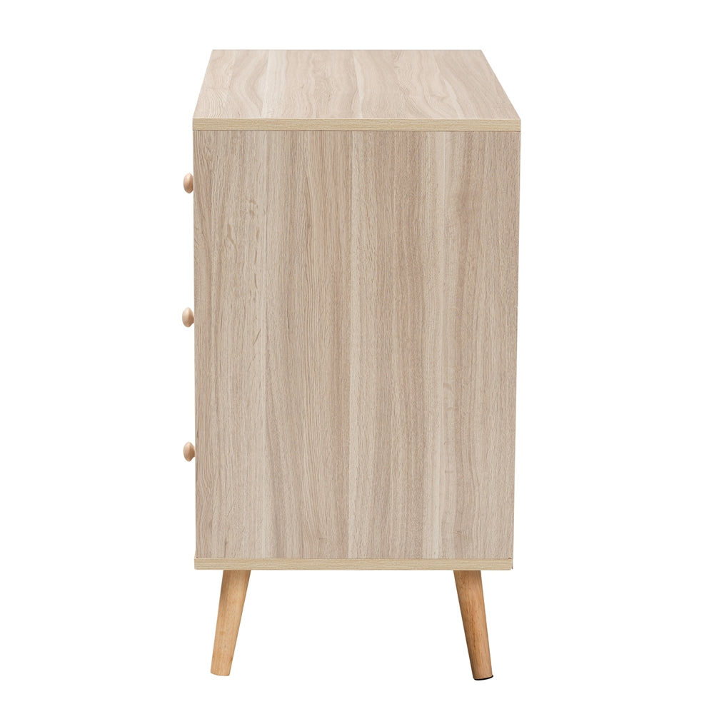 Baxton Studio Beau Mid-Century Modern Transitional Two-Tone White And Oak Brown Finished Wood 3-Drawer Storage Cabinet