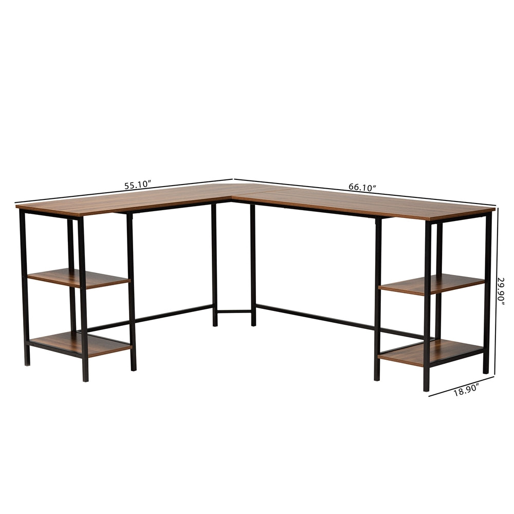 Baxton Studio Lydia Modern Walnut Brown Finished Wood And Black Metal L-Shaped Corner Desk With Shelves