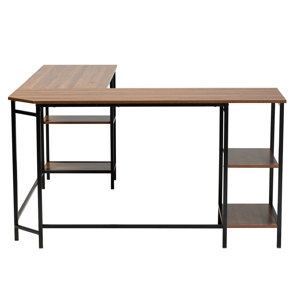 Baxton Studio Lydia Modern Walnut Brown Finished Wood And Black Metal L-Shaped Corner Desk With Shelves