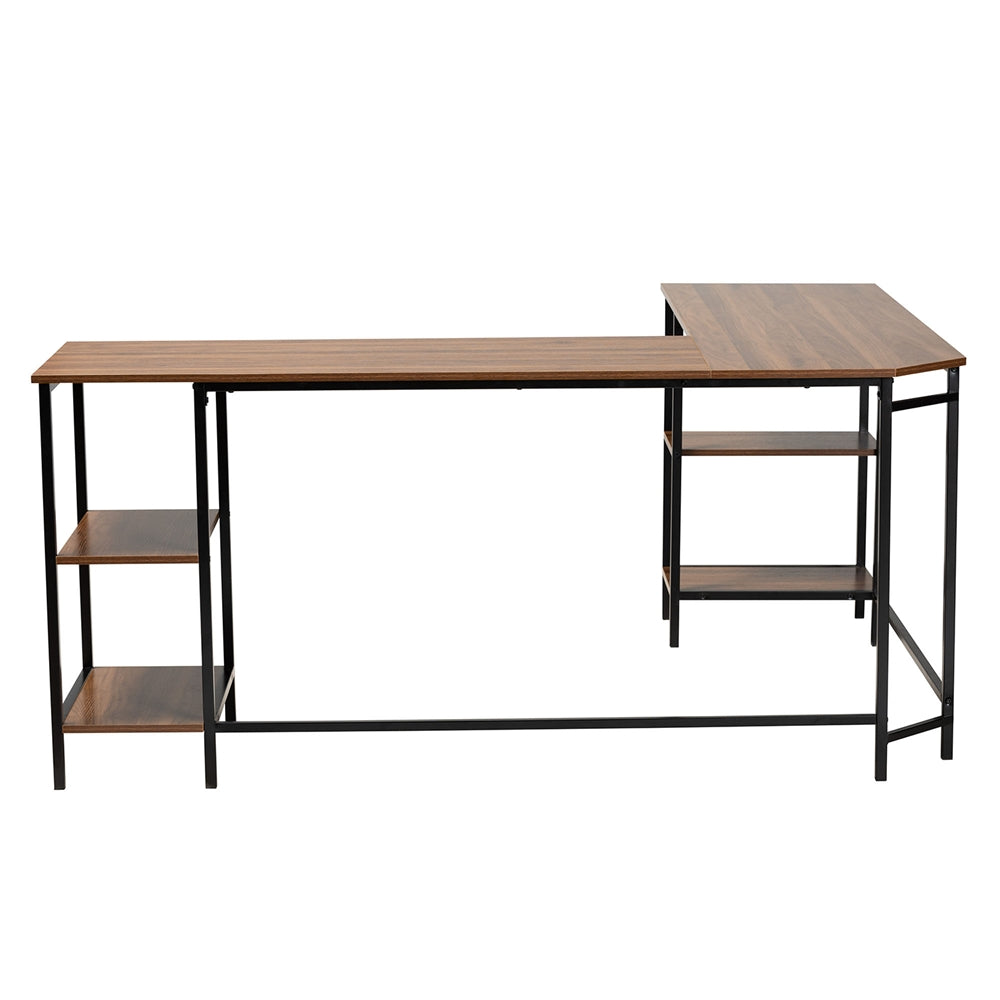 Baxton Studio Lydia Modern Walnut Brown Finished Wood And Black Metal L-Shaped Corner Desk With Shelves