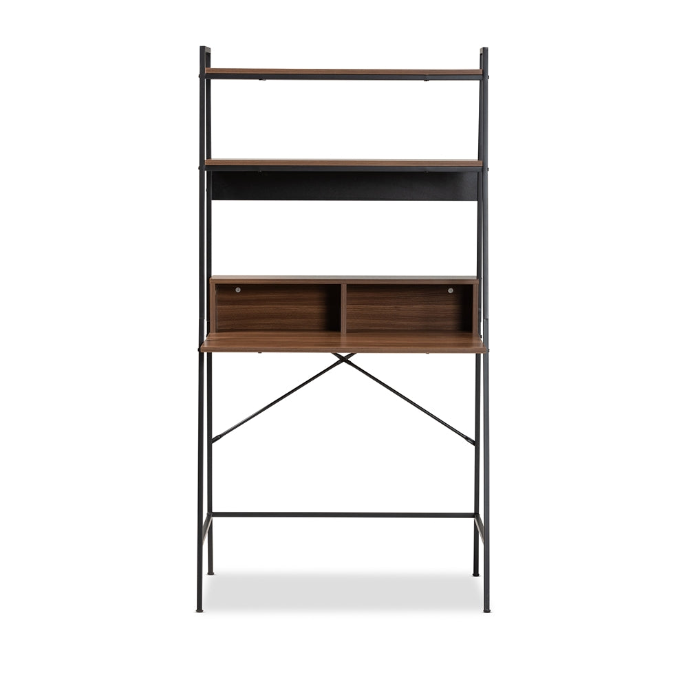 Baxton Studio Palmira Modern Industrial Walnut Brown Finished Wood And Black Metal Desk With Shelves