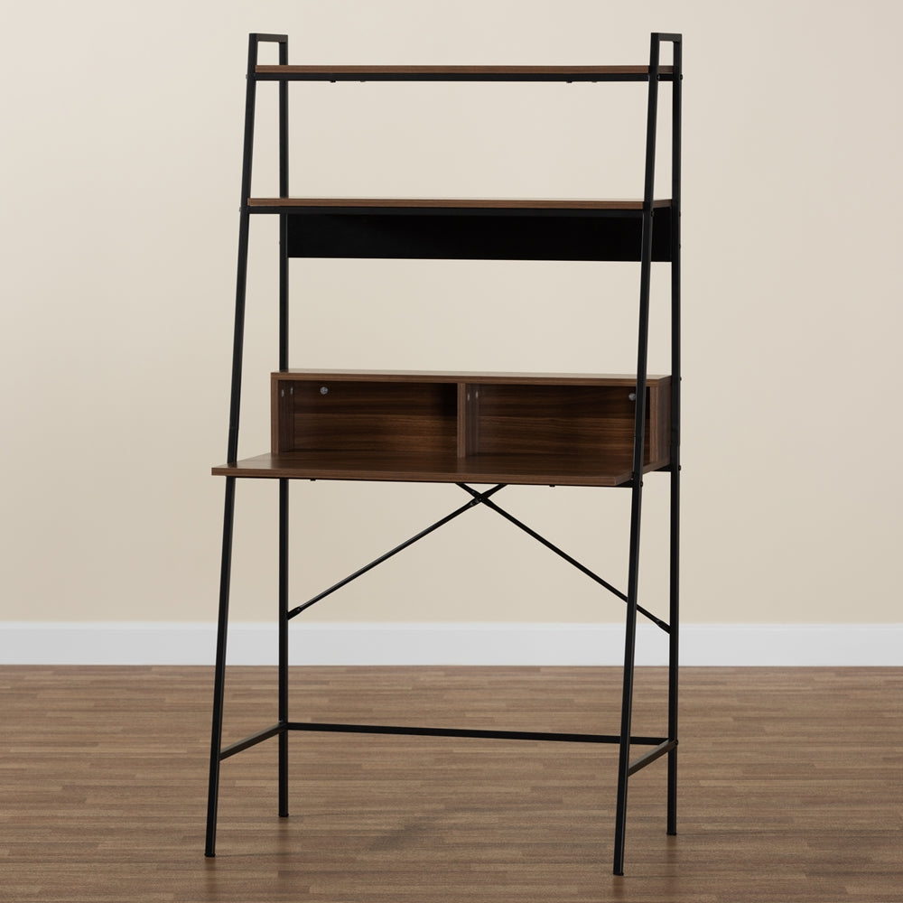 Baxton Studio Palmira Modern Industrial Walnut Brown Finished Wood And Black Metal Desk With Shelves