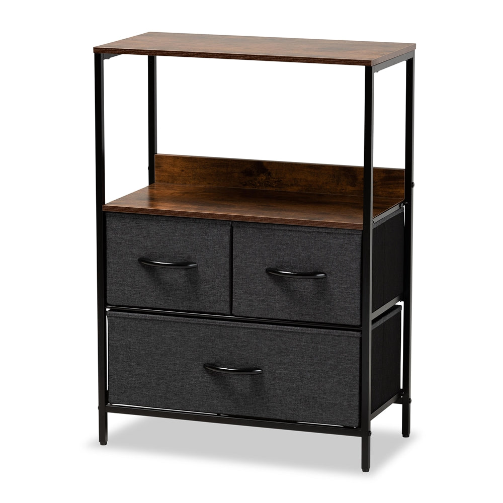 Baxton Studio Hakan Modern Industrial Grey Fabric Upholstered And Walnut Brown Finished Wood 3-Drawer Storage Cabinet