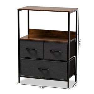 Baxton Studio Hakan Modern Industrial Grey Fabric Upholstered And Walnut Brown Finished Wood 3-Drawer Storage Cabinet