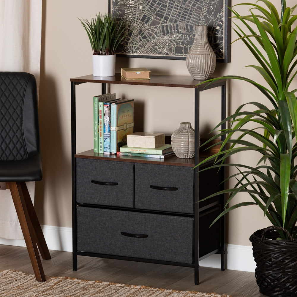 Baxton Studio Hakan Modern Industrial Grey Fabric Upholstered And Walnut Brown Finished Wood 3-Drawer Storage Cabinet