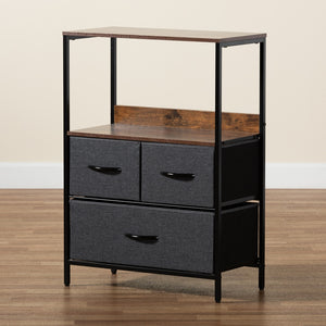 Baxton Studio Hakan Modern Industrial Grey Fabric Upholstered And Walnut Brown Finished Wood 3-Drawer Storage Cabinet