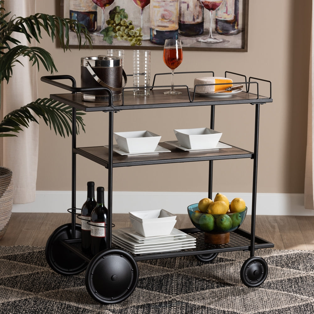 Baxton Studio Huntley Modern Industrial Walnut Brown Finished Wood And Black Metal Mobile Wine Cart