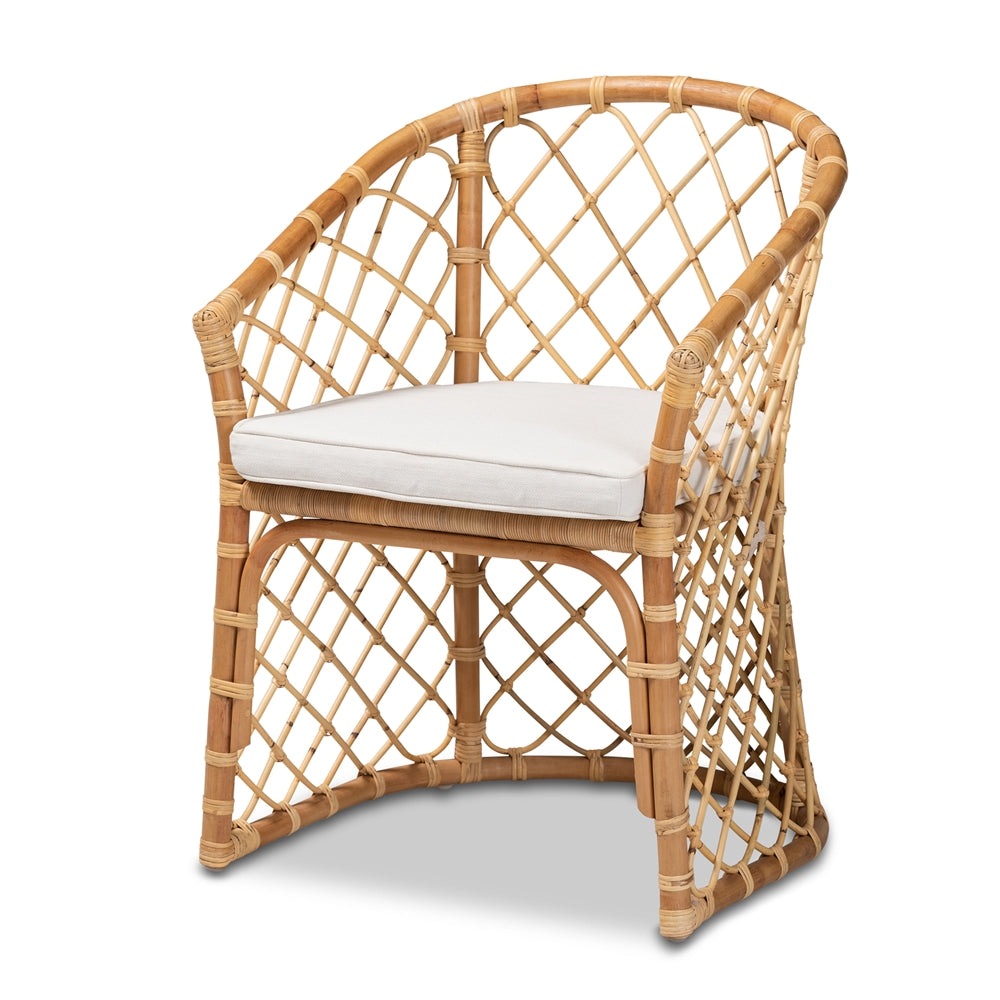 Baxton Studio Orchard Modern Bohemian White Fabric Upholstered And Natural Brown Rattan Dining Chair