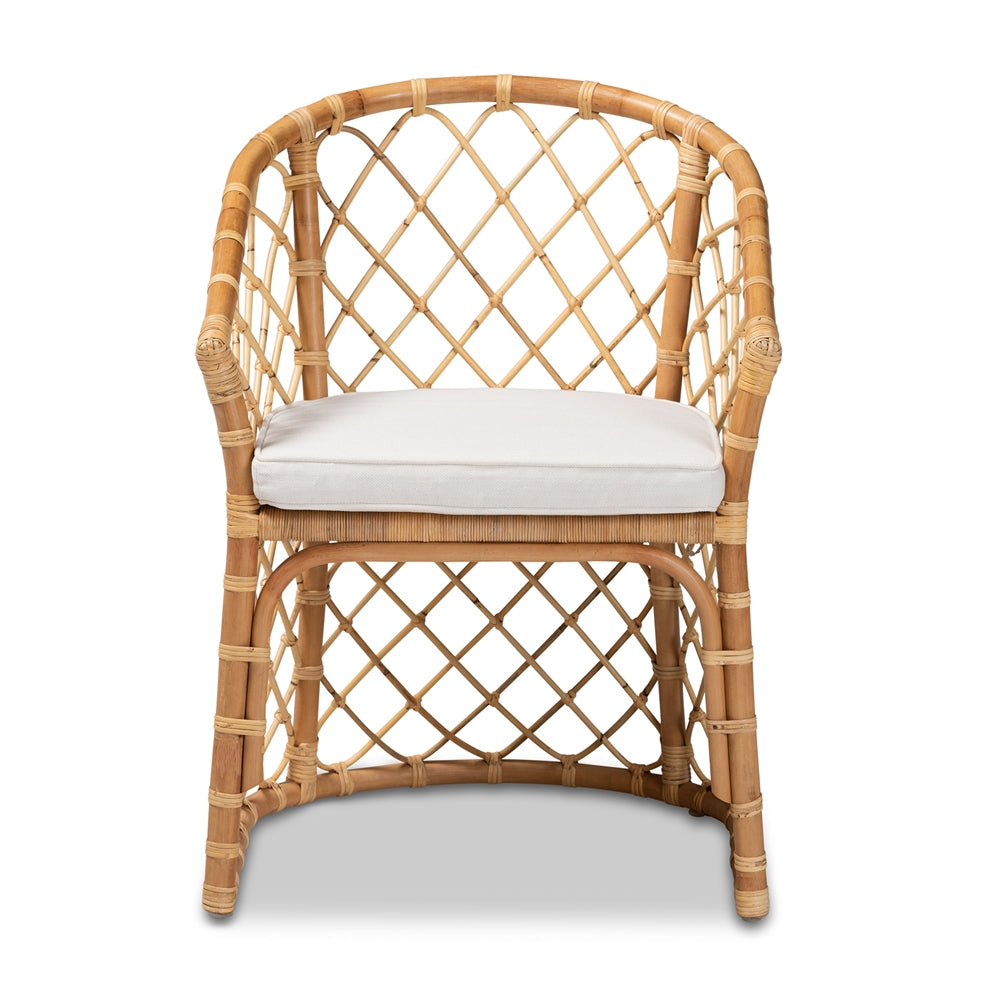 Baxton Studio Orchard Modern Bohemian White Fabric Upholstered And Natural Brown Rattan Dining Chair