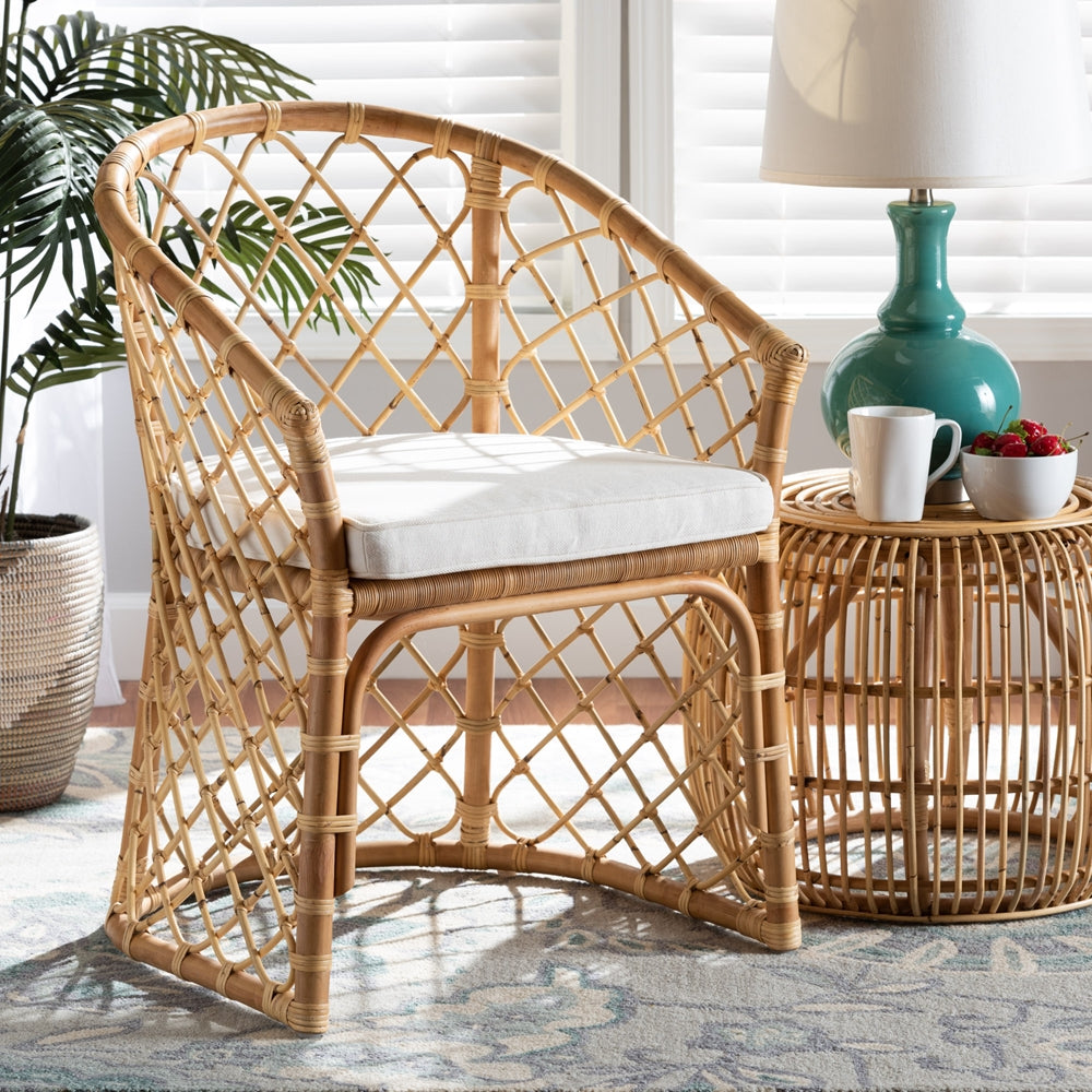 Baxton Studio Orchard Modern Bohemian White Fabric Upholstered And Natural Brown Rattan Dining Chair