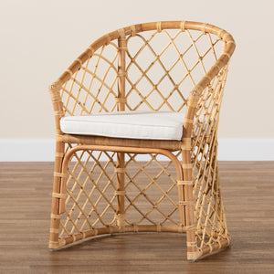 Baxton Studio Orchard Modern Bohemian White Fabric Upholstered And Natural Brown Rattan Dining Chair