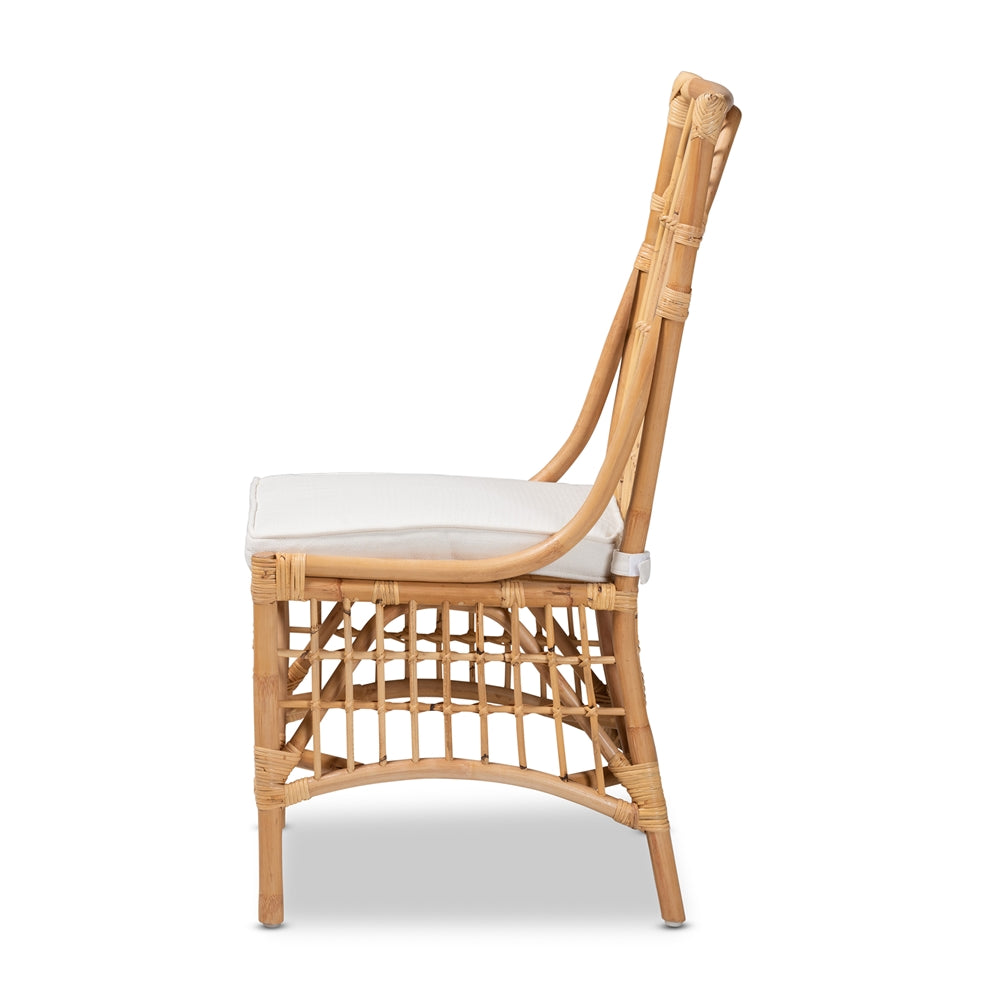 Baxton Studio Rose Modern Bohemian White Fabric Upholstered And Natural Brown Rattan Dining Chair