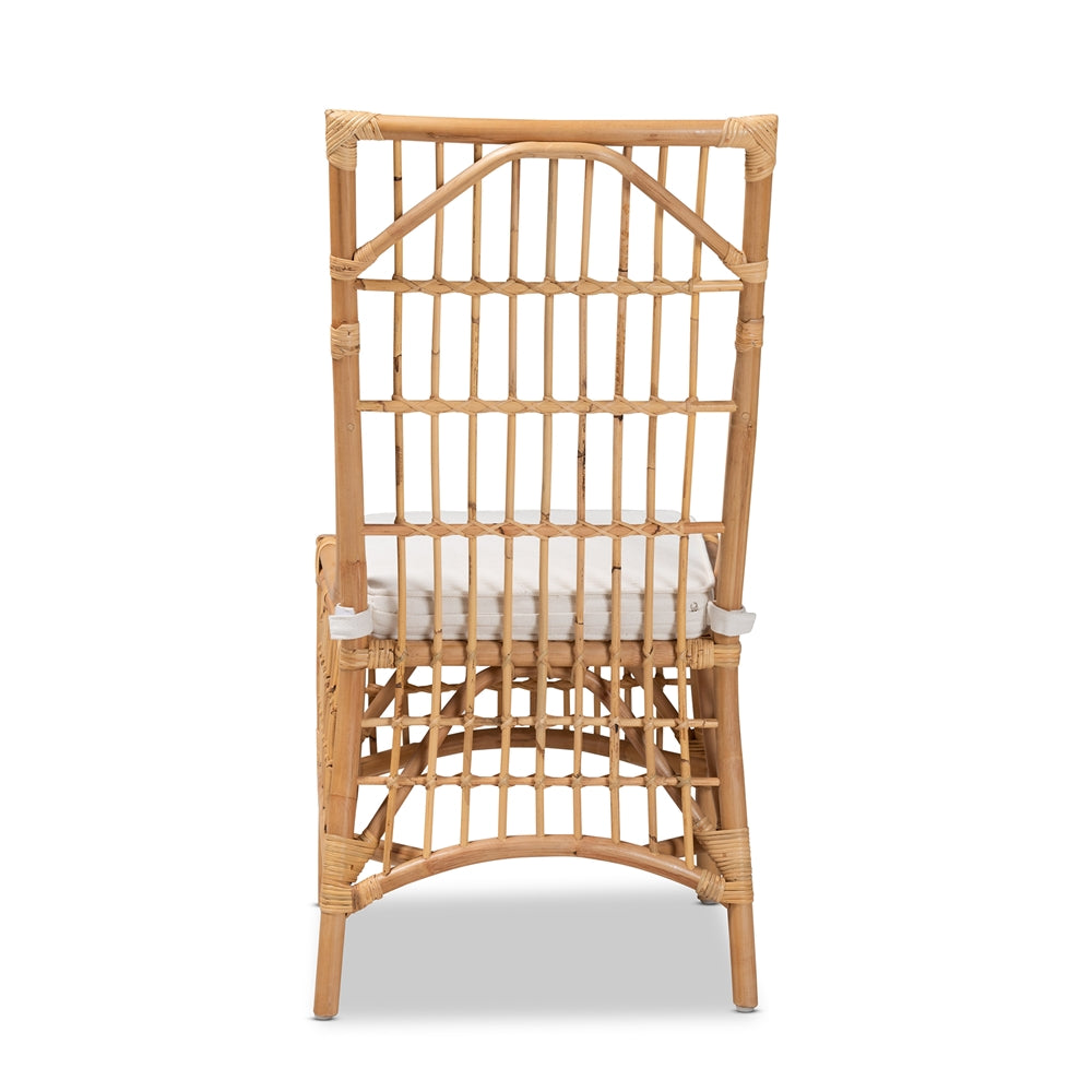 Baxton Studio Rose Modern Bohemian White Fabric Upholstered And Natural Brown Rattan Dining Chair