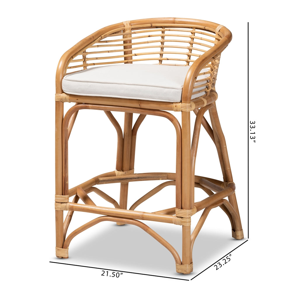 Baxton Studio Maverick Modern Bohemian White Fabric Upholstered And Natural Brown Rattan Counter Stool